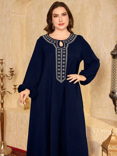 Al Najma 大码女式刺绣长款宽松休闲落肩中长连衣裙