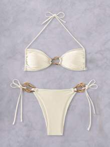 Swim Vcay Spring Break Beach Outfits For Women - Halter Tie Fashion Accessories Sexy Hollow Beach Resort Swimwear Set For Summer Beach Vacation - Apricot - View 4