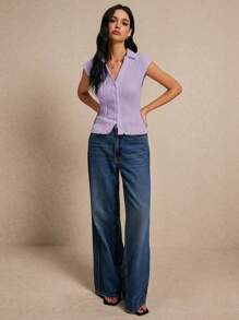 Poéselle Summer Simple Textured Button Front T-Shirt - Mauve Purple - View 6