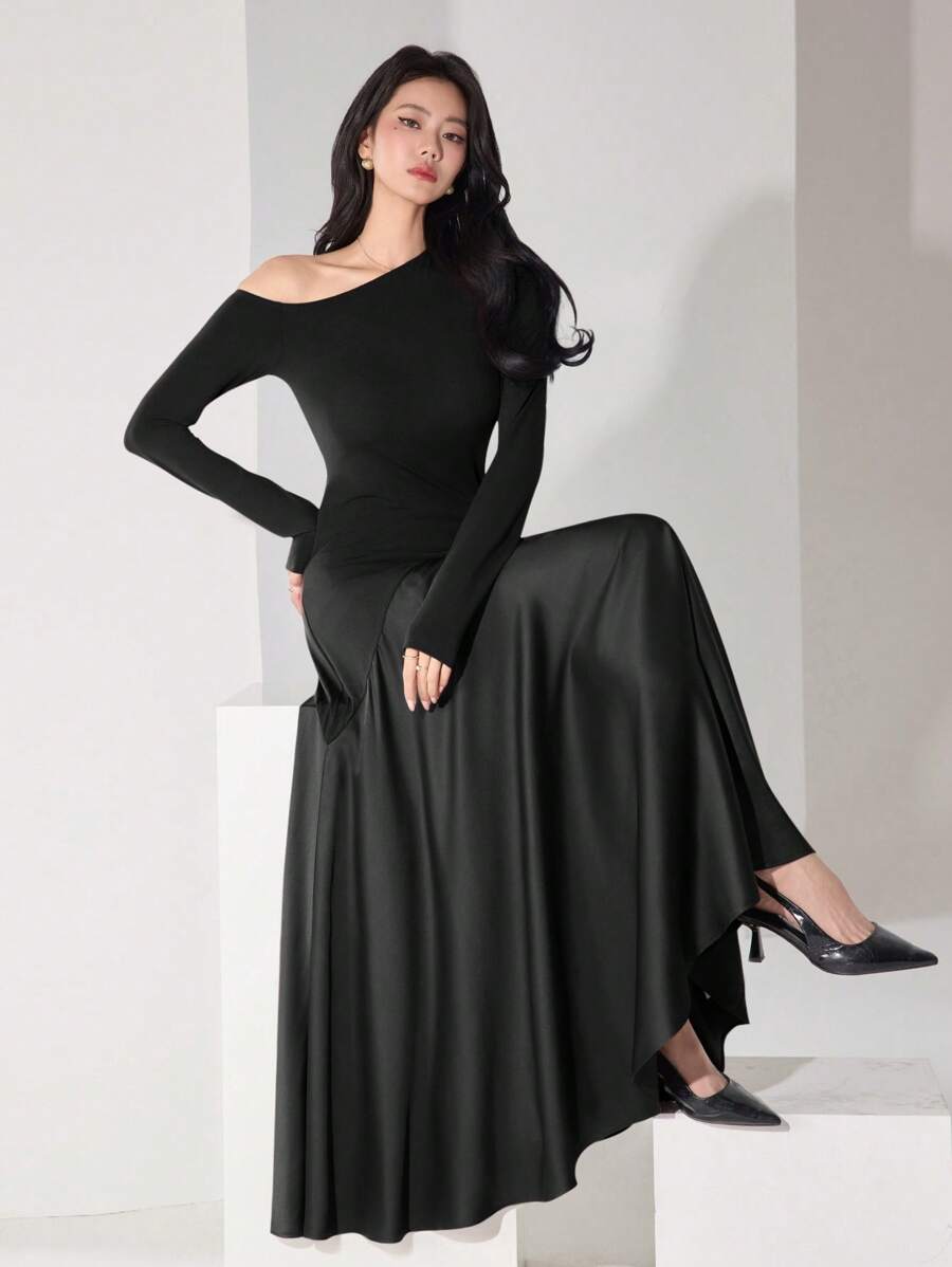 Heiryn Gaun Panjang Wanita Ultra Panjang dengan Bahu Miring, Warna Polos, Lengan Panjang, Sederhana & Modis, Cocok untuk Musim Panas - Hitam - View 1