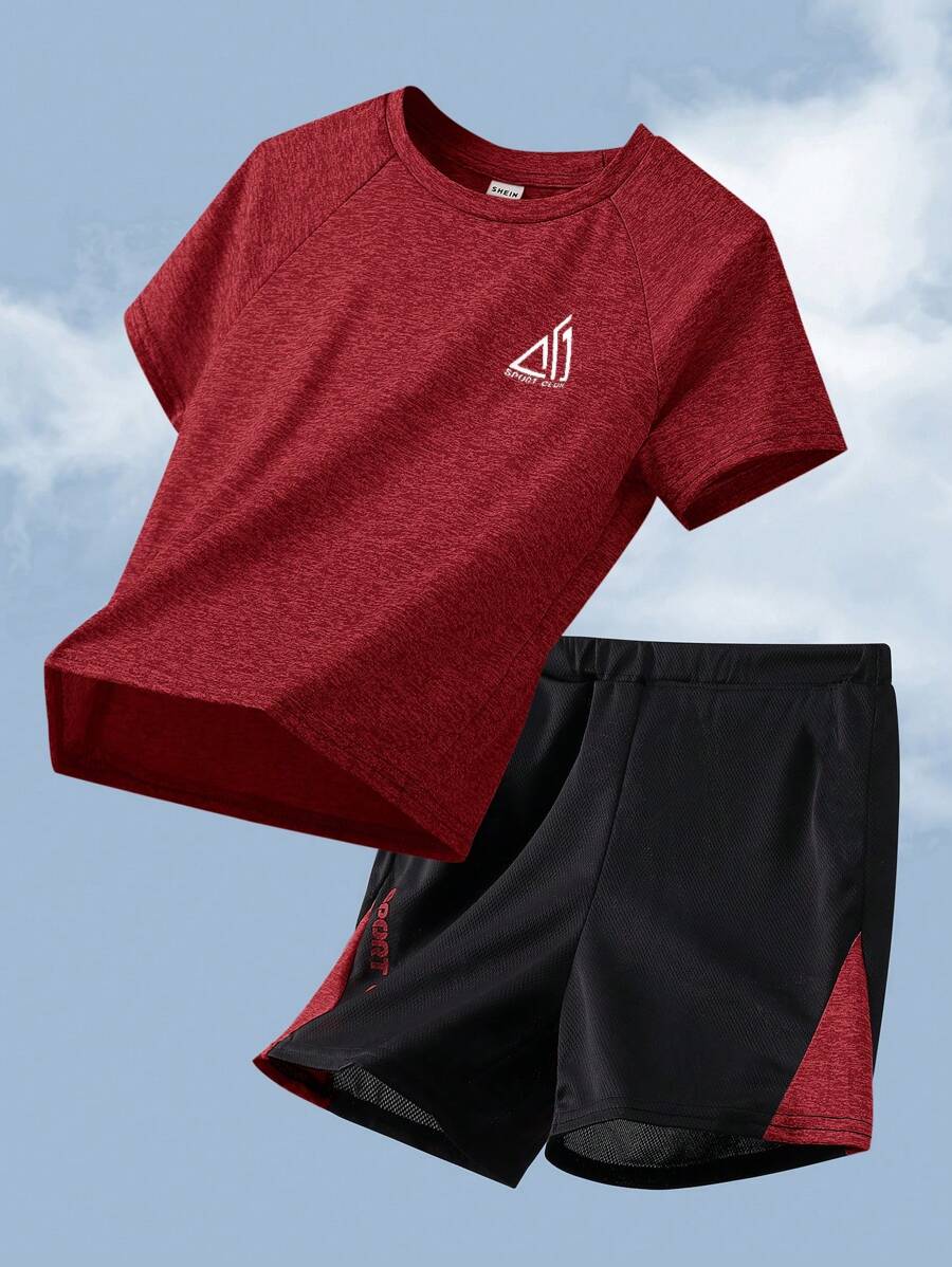 SHEIN Tween Boy Colorblock Pattern T-Shirt And Shorts 2 Pieces Sportswear Set - Red - View 1