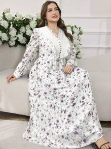 Modelyn 大码女式 V 领褶皱荷叶边长袖碎花连衣裙，优雅修身 - 彩色 - 查看 1