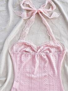 Soleia 女式夏季休闲吊带针织纹理吊带背心上衣，带蕾丝花边领口和蕾丝细节，时尚提花针织 - 粉色 - 查看 3