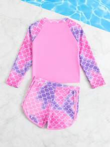 SHEIN Bộ đồ bơi tankini thường ngày in họa tiết đuôi nàng tiên cá cho bé gái tay dài raglan - Màu Hồng baby - Xem 2