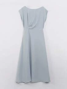 Wynsel 女士纯色圆领百褶修身短袖优雅办公室长裙 - 淺藍色 - 查看 9
