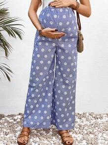 SHEIN Maternity Ditsy Floral Simple Style Casual Pants, Daily Wear - Blue - View 3