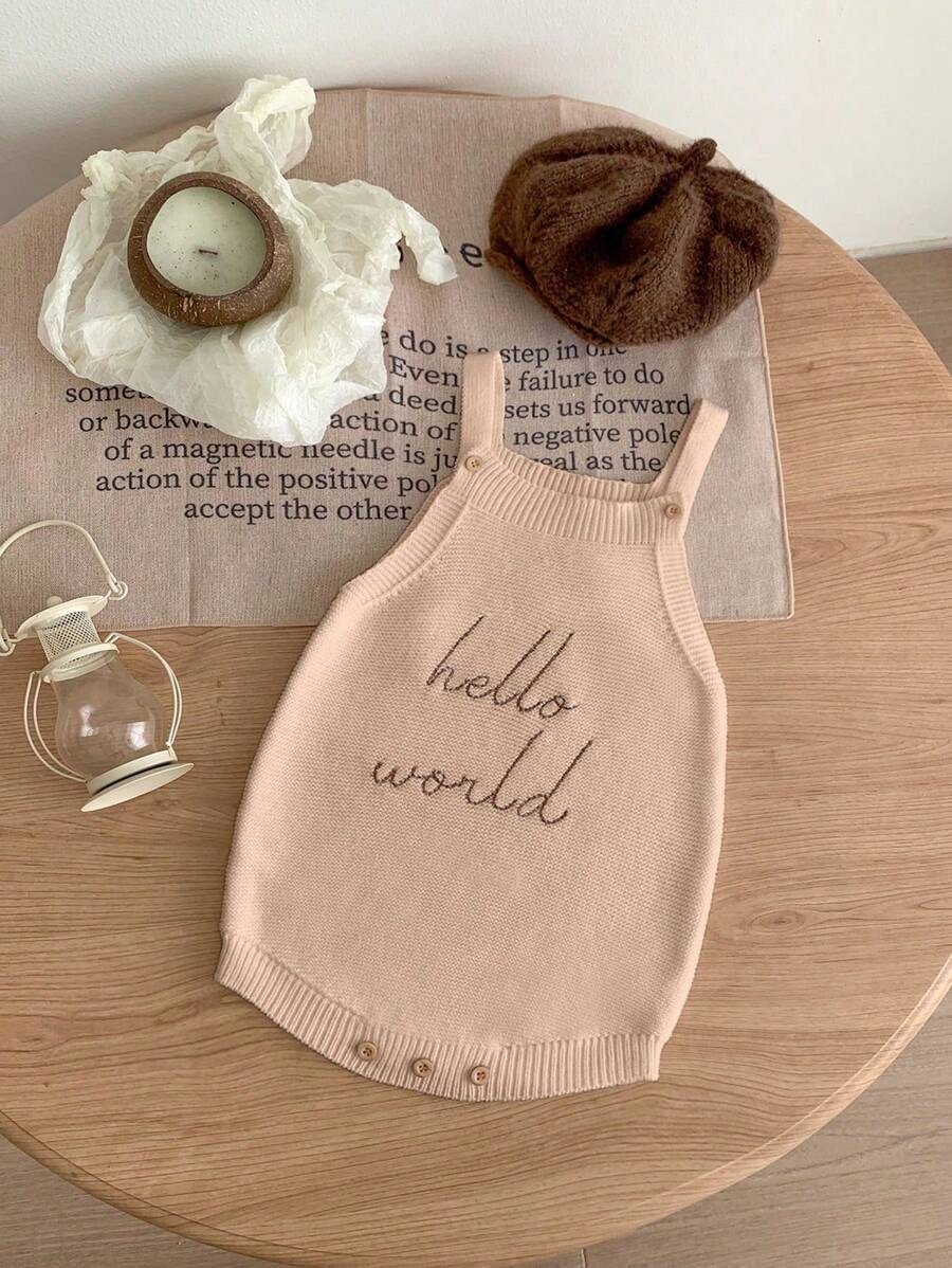 Sleeveless Romper With "Baby Girl" Embroidered Text - Khaki - View 1