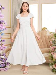 Váy midi xếp nếp cổ vuông tối giản màu trắng thanh lịch cho bé gái tuổi teen, mùa hè - trắng - Xem 3