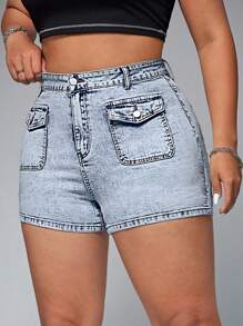 SHEIN EZwear Short en jean casual pour femme grande taille, pour l'été - Jean clair - Voir 2
