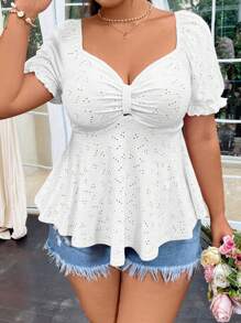 Flirla Plus Size Sweet Cute Sweetheart Neck Short Sleeve Jacquard T-Shirt - White - View 4