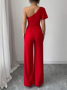 Rafferiza French Style Ruffle Trim Cinched Waist High-Rise Wide Leg Women Jumpsuit - Red - View 2
