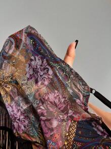 ROMWE Hippie Camiseta de tirantes con estampado de paisley, dobladillo con flecos de cuentas de madera, estilo retro hippie western y de festival de música para mujeres