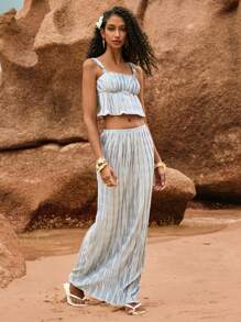 Poéselle Conjunto azul plissado, ideal para praia, com blusa de amarrar e saia plissada. Elegante, perfeito para encontros, férias, casamentos e festivais. Conjunto feminino casual de 2 peças com blusa regata de alças finas e saia. Moda minimalista para o verão. - Cinza - Ver 7