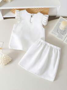 2pcs/Set Young Girl Summer Fashion Elegant Solid White Pearl Floral Applique Cap Sleeve Top + Solid Color Graceful Mini Skirt Suit, Princess Outfit - White - View 2