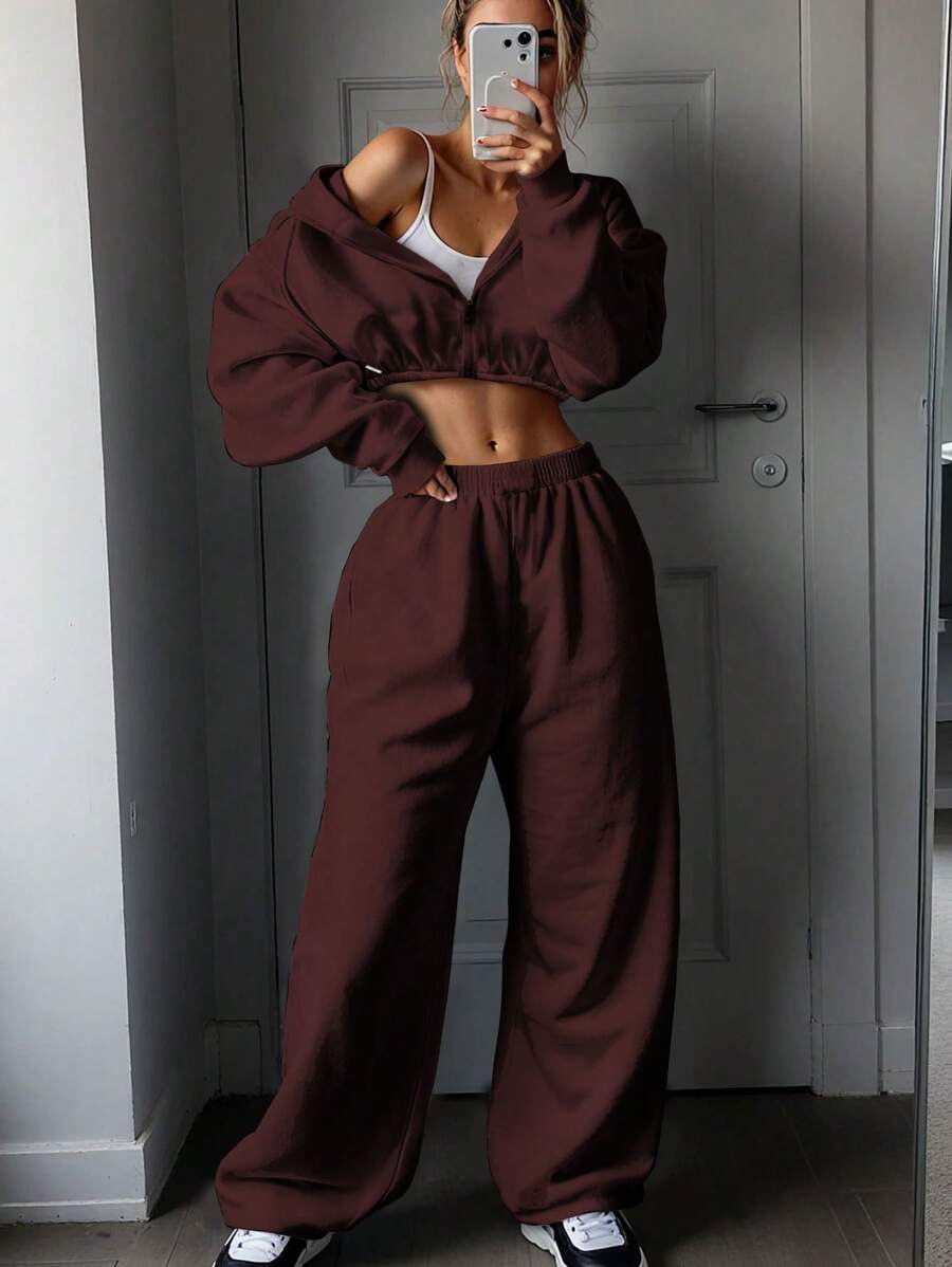 INAWLY Bộ 2 áo crop top trùm đầu có khóa kéo trơn và quần cạp chun cho nữ - Màu Đỏ Sâu - Xem 1
