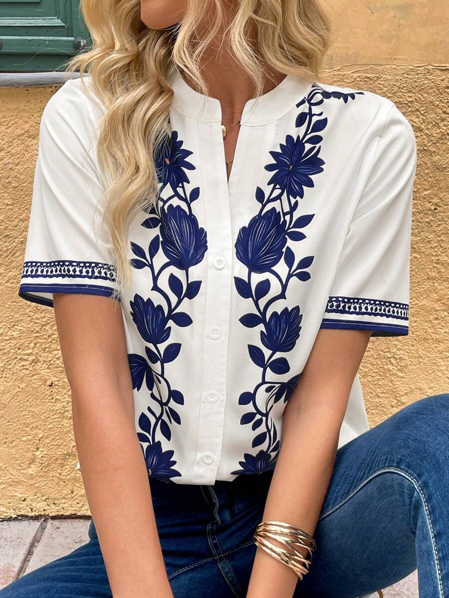 Breezaya Fitted Short Sleeve Stand Collar White Shirt With Blue Digital Print Button-Up Front, For Ladies, Spring/Summer - Blue and White - View 1