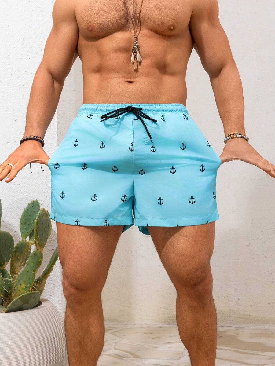 Manfinity KASUA Quần short đi biển cạp rút họa tiết mỏ neo cho nam, phong cách Hawaii - Màu xanh lam - Xem 1