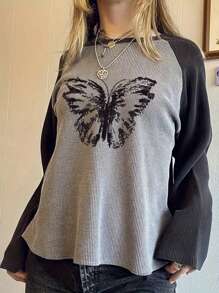 INAWLY Women's Crew Neck Long Sleeve Butterfly Print Contrast Color Casual Comfortable T-Shirt Graphic Tees Women Tops For Spring Fall - Multicolor - View 4