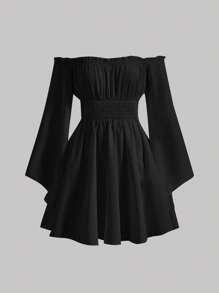 SHEIN PETITE Vestido blanco con volantes en los hombros, mangas abullonadas con flecos y mangas campana