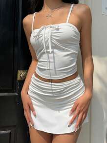 SHEIN EZwear Set de 2 piezas de camiseta y falda de unicolor para mujer, minimalista y de moda, adecuado para el verano