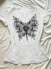 INAWLY 女士蝴蝶和心形印花 V 领休闲短袖上衣，复古 Y2K 美学街头服饰 - 白色 - 查看 1