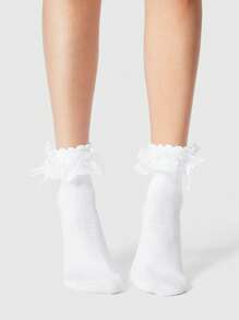ROMWE Kawaii Calcetines hasta el tobillo para mujer con decoración de volantes y moño de encaje dulce