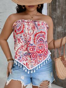 SHEIN VCAY Plus Paisley Print Tassel Trim Bandana Hem Tube Summer Top, Letnie Stroje Dla Kobiet