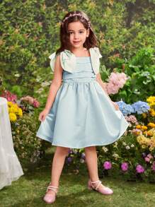Young Girl Fashion Woven Solid Color Tie Bow Cami Dress - Olive Green - View 3