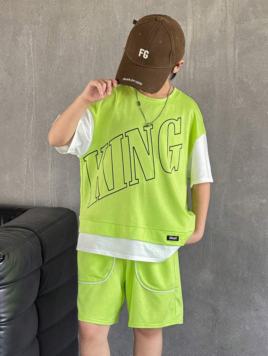 SHEIN 2 Packs Tween Boy Casual Sports College Street Cute Vacation Loose Japanese And Korean Style 2 In 1 Round Neck T-Shirt And Shorts Set - Green - View 1