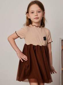 PrepCrw Vestido de malha patchwork de manga curta de malha damasco para meninas, primavera/verão - Caqui - Ver 4
