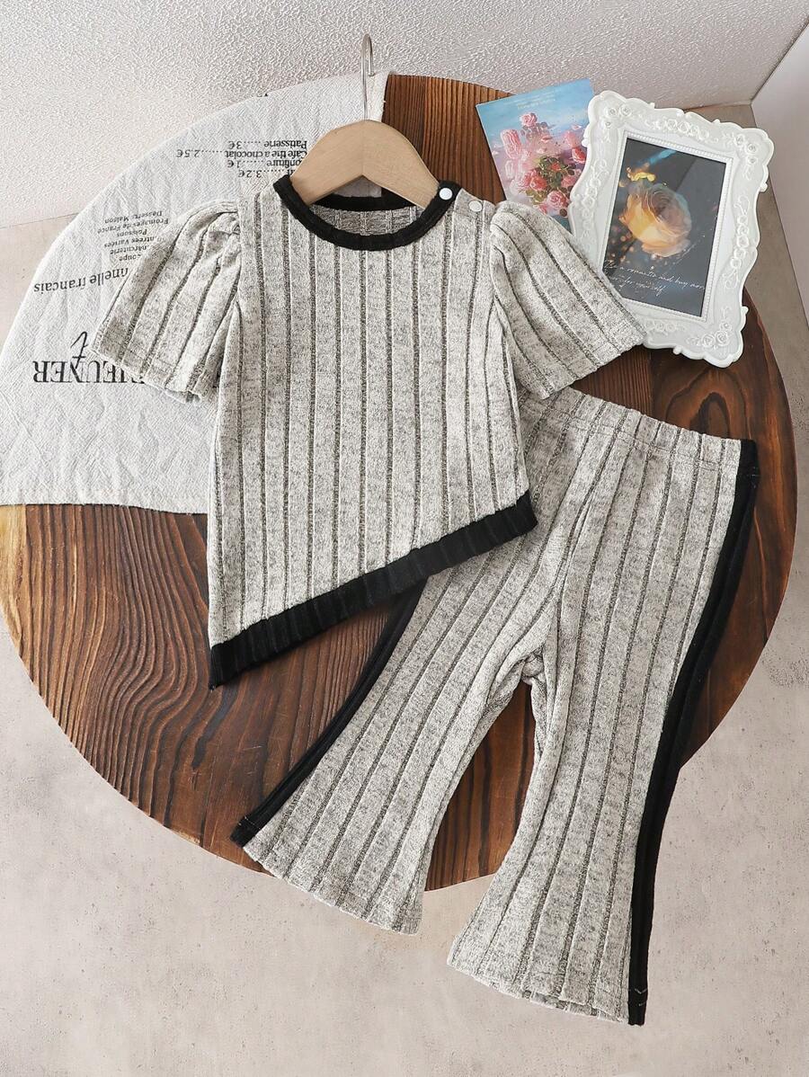 SHEIN 2 件装女婴罗纹拼接圆领套头衫和松紧腰喇叭裤套装,舒适可爱,适合休闲穿着,春夏秋季 - 黃色 - 查看 1