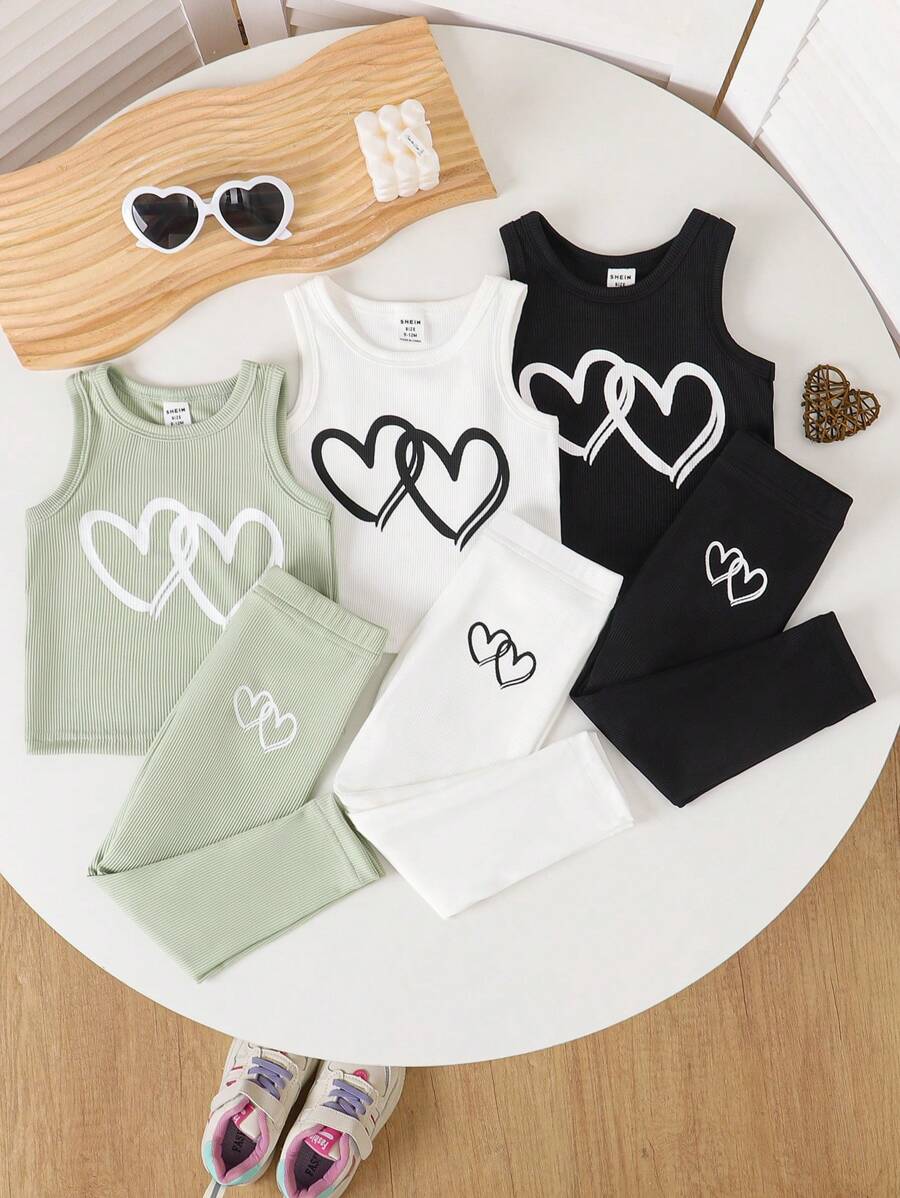 SHEIN Baby Girl 2pcs/Set Spring Casual Outdoor Sports Ribbed Fabric Heart Graphic Sleeveless Top And Elastic Waist Loose Pants Sweatsuit - Multicolor - View 1