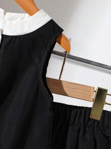 2pcs/Set Young Girl Flower & Contrast Black Collar Cute Cat Print Top And Skirt Set - Black - View 5