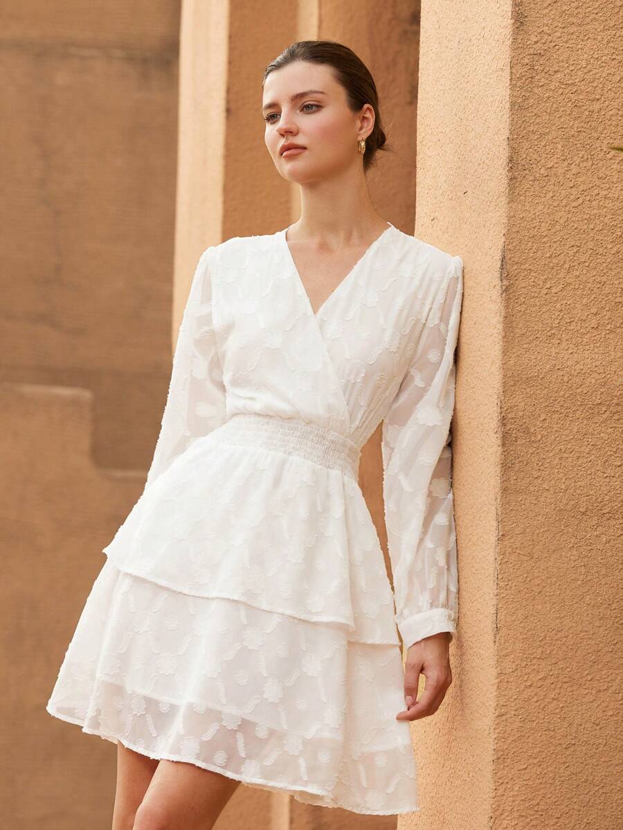 Aveloria Rosie Women's Elegant Vintage Textured Jacquard Silhouette Floral Sheer Fabric Shirred Shirred Design Puff Sleeve Long Sleeve Adjustable Waist Gathering Exquisite Craft Tiered Ruffle Hem Mini Dress Fall Cloth For Women - White - View 1