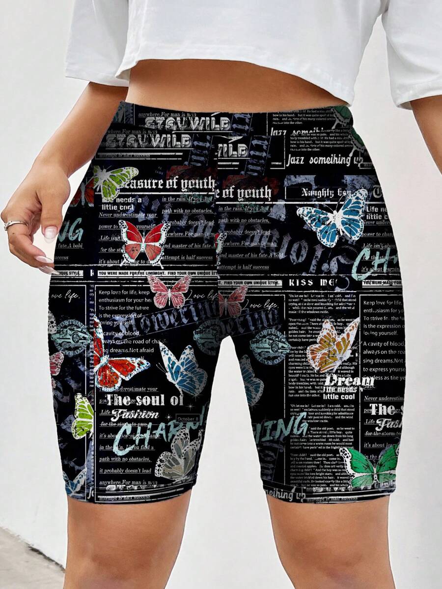 SHEIN EZwear Leggins in Große Größen im Vintage-Stil mit vollständiger Abdeckung, Schmetterlings- und Buchstabe Muster-Design, geeignet als Sommerhose für Frauen