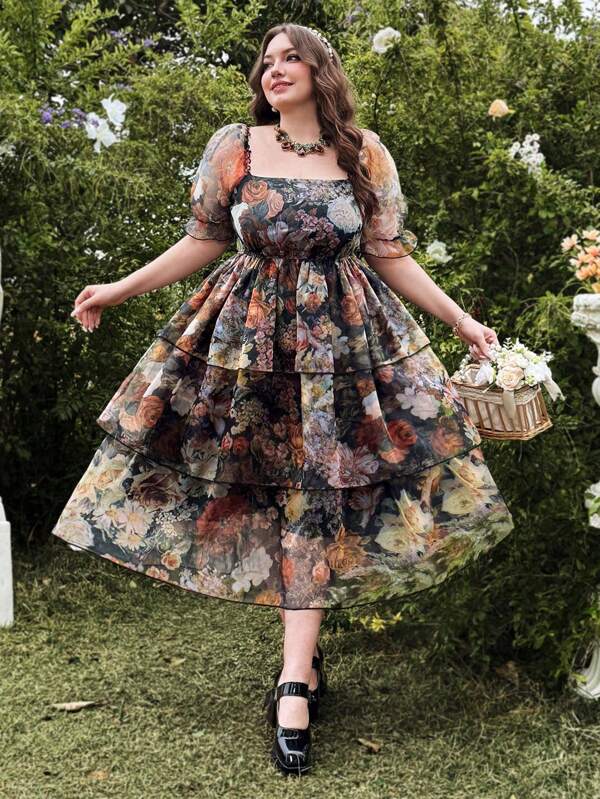Lyrianda Rochie de damă de dimensiuni mari, dulce, vintage, cu pictură în ulei, imprimată în straturi din organza, cu gât pătrat, stil casual de vacanță, primăvară/vară