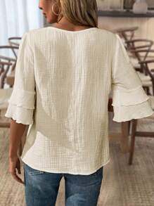 Louniche Woman's Casual Linen V-Neck Ruffle Trim Short Sleeve Shirt - Beige - View 2