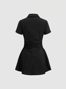 Vestido Camisero  Unity Azul Cielo Negro Fruncido Cintura Alta Estiliza A-line Botones Frontales Mini - Negro - Ver 2