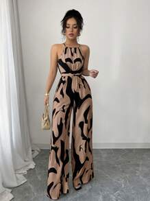 Elenzga Mono con cintura entallada de tela estampada para mujer, elegante para vacaciones y uso diario con cuello de halter