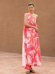 GENKIRA Vestido de línea A sin mangas con estampado floral de efecto de pincelada de óleo romántico y elegante para mujeres, estilo bohemio de vacaciones, estampado total de moda para el verano - Multicolor - Ver 4