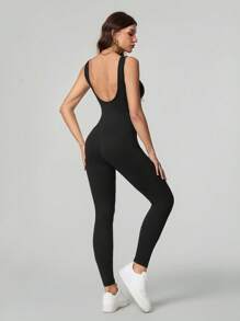 SHEIN Tall 女款純色圓領露背無袖連身褲，黑色衣著，適合高個女性 - 黑色 - 查看 2