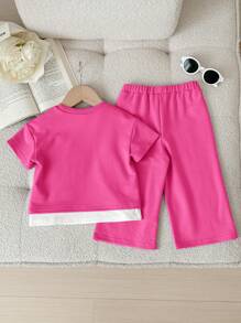SHEIN Baby Girl Cute Purple Floral Print Contrast Color Short Sleeve T-Shirt And Elastic Waist Pants 2 Pieces Set, Spring/Summer