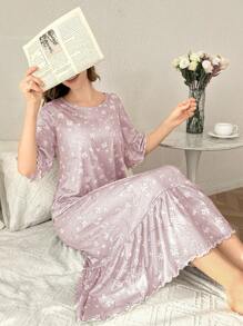 荷叶边下摆拼布短袖碎花长款睡袍娃娃装，完美夏日，Moo Moo