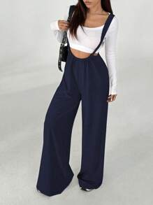 Flirla Women's Solid Color Casual Straight Leg Bib Overall Pants - Navy Blue - View 4