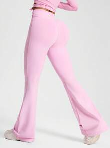SHEIN Sports 女士纯色褶皱腰休闲健身紧身裤 - 粉色 - 查看 2