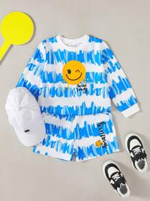 SHEIN 2 件套幼儿休闲长袖 T 恤和短裤套装，带有顽皮表情图案 - 藍色 - 查看 8