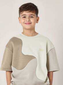 SUMWON 男童双色拼接街头时尚短裤套装运动休闲春夏抽绳套装都市运动休闲运动服套装 - 米色 - 查看 5