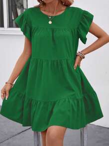 Balvessa Đầm babydoll rộng rãi cổ tròn màu trơn mùa hè cho nữ có viền bèo nhún trang phục đi biển - Màu xanh lá cây đậm - Xem 5