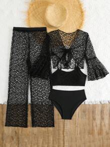 Conjunto de traje de baño de manga larga transparente con encaje para niñas preadolescentes