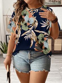 SHEIN LUNE Maglietta casual semplice vintage a fiori con scollo rotondo, vestibilità ampia, manica corta, adatta per l'estate, taglie comode